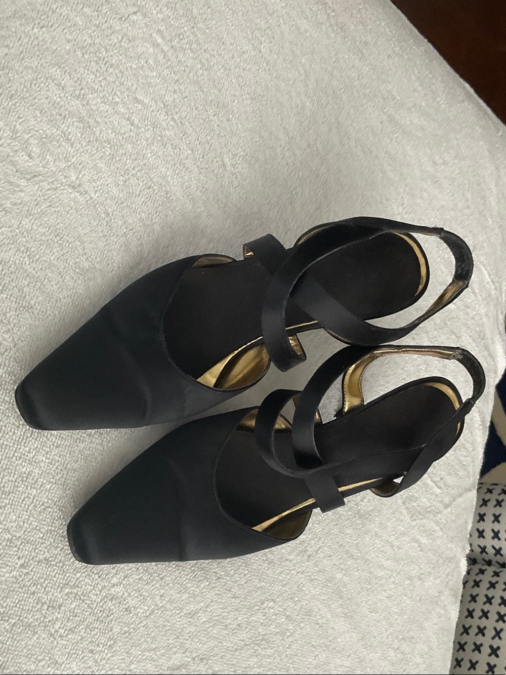Nina Black Strappy Square-Toe Slingback Heels with Gold Trim